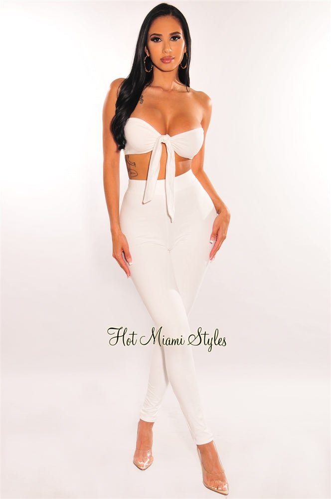 White Bandeau Tie-Up High Waist Leggings Two-Piece Set - Sexy Workout Outfit for Yoga, Gym & Summer Fashion