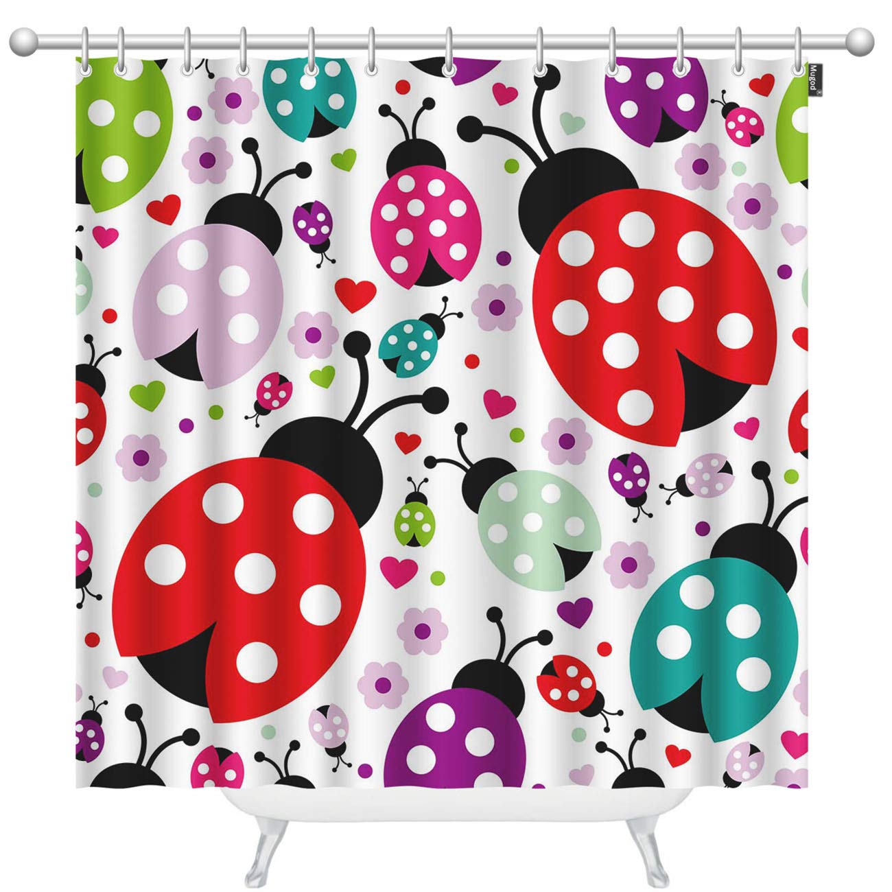Ladybug Shower Curtain - Waterproof Bathroom Decor with Polka Dot Hearts & Flowers Pattern, 72x96 Inches - Includes 12 Hooks for Kids & Nursery Themes | Perfect for Children's Bathroom, Baby Shower Gift, or Playful Home Decor