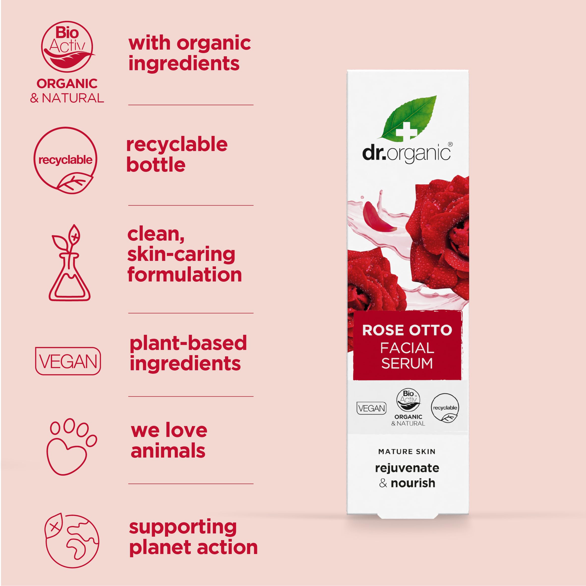 Dr Organic Rose Otto Facial Serum - 30ml | Hydrating & Anti-Aging Face Serum for Glowing Skin | Perfect for Daily Skincare Routine & Nighttime Treatment
