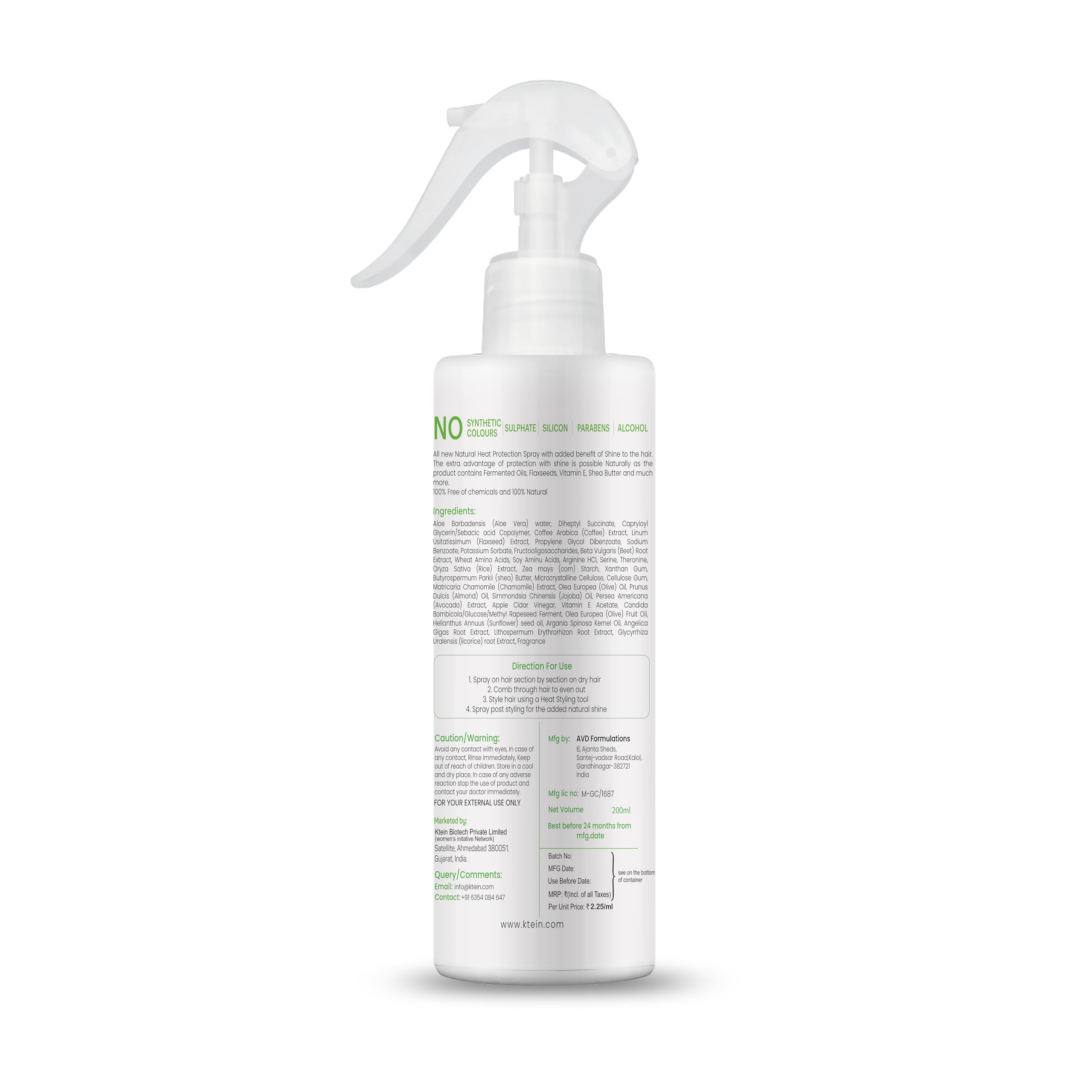 Ktein 100% Plant-Based Natural Hair Heat Protection Spray with Extra Shine (200ml) - Vegan, Sulfate-Free Styling for Curly, Straight & Damaged Hair - Perfect for Blowouts, Flat Ironing & Daily Styling
