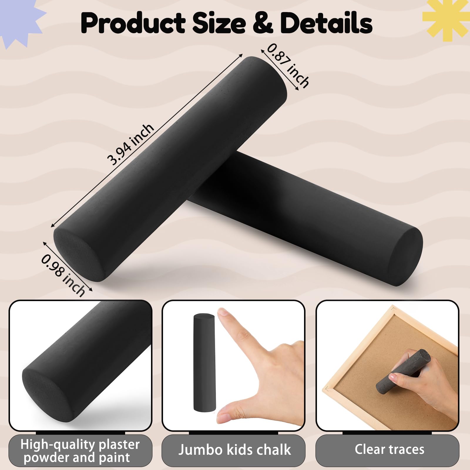 Fulmoon 40 Pcs Jumbo Non-Toxic Sidewalk Chalk for Kids & Adults - Large Washable Outdoor Chalk for Street Art, Drawing, Painting, Graffiti & Classroom Activities (Black, Round Style) - Perfect for Birthday Parties, School Projects & Summer Outdoor Fun