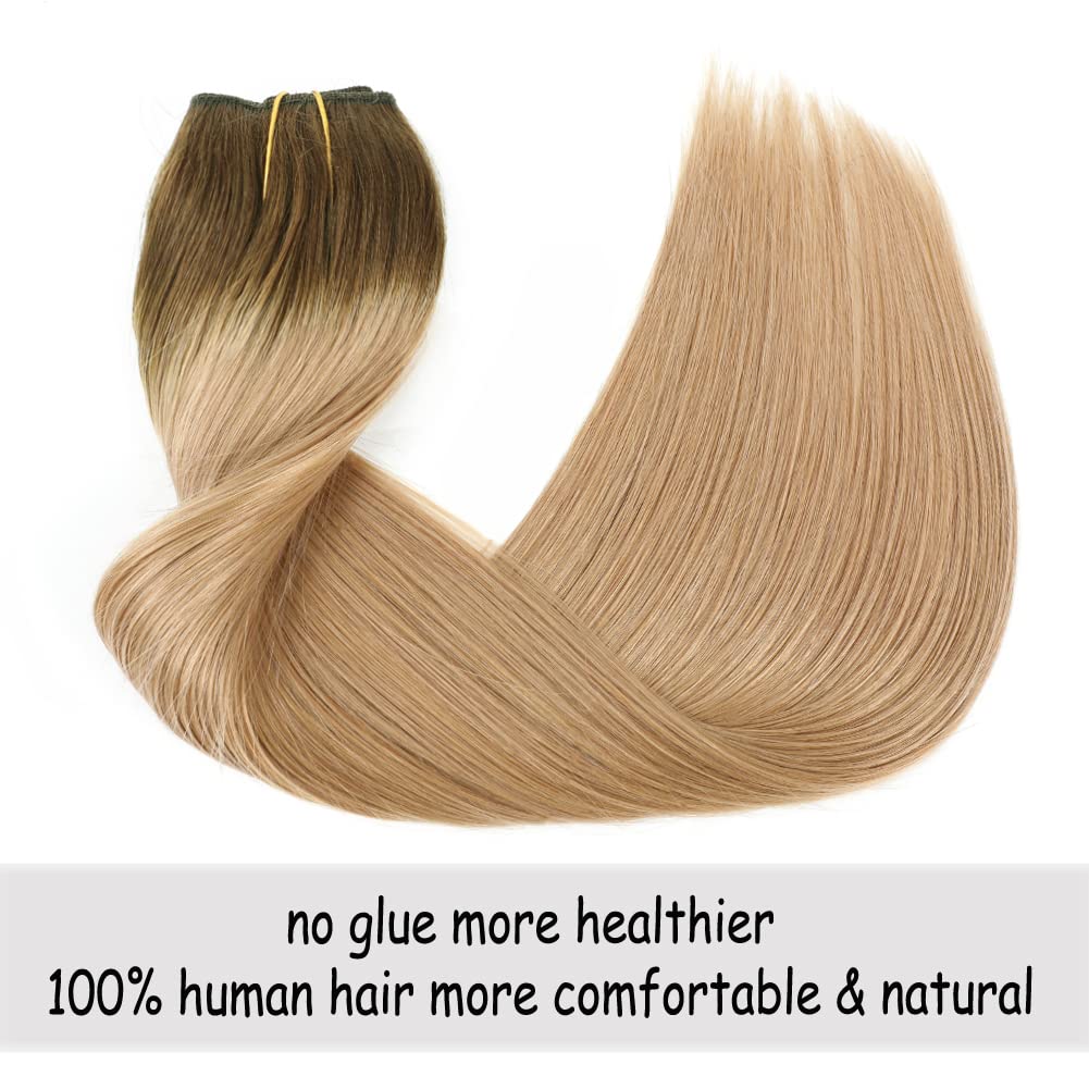 20 Inch Real Human Hair Extensions - Chocolate Brown to Caramel Blonde Straight Clip-in Hair Extensions with Invisible Wire & Transparent Fish Line for Seamless Blending | Perfect for Daily Wear, Parties, Weddings & Special Occasions