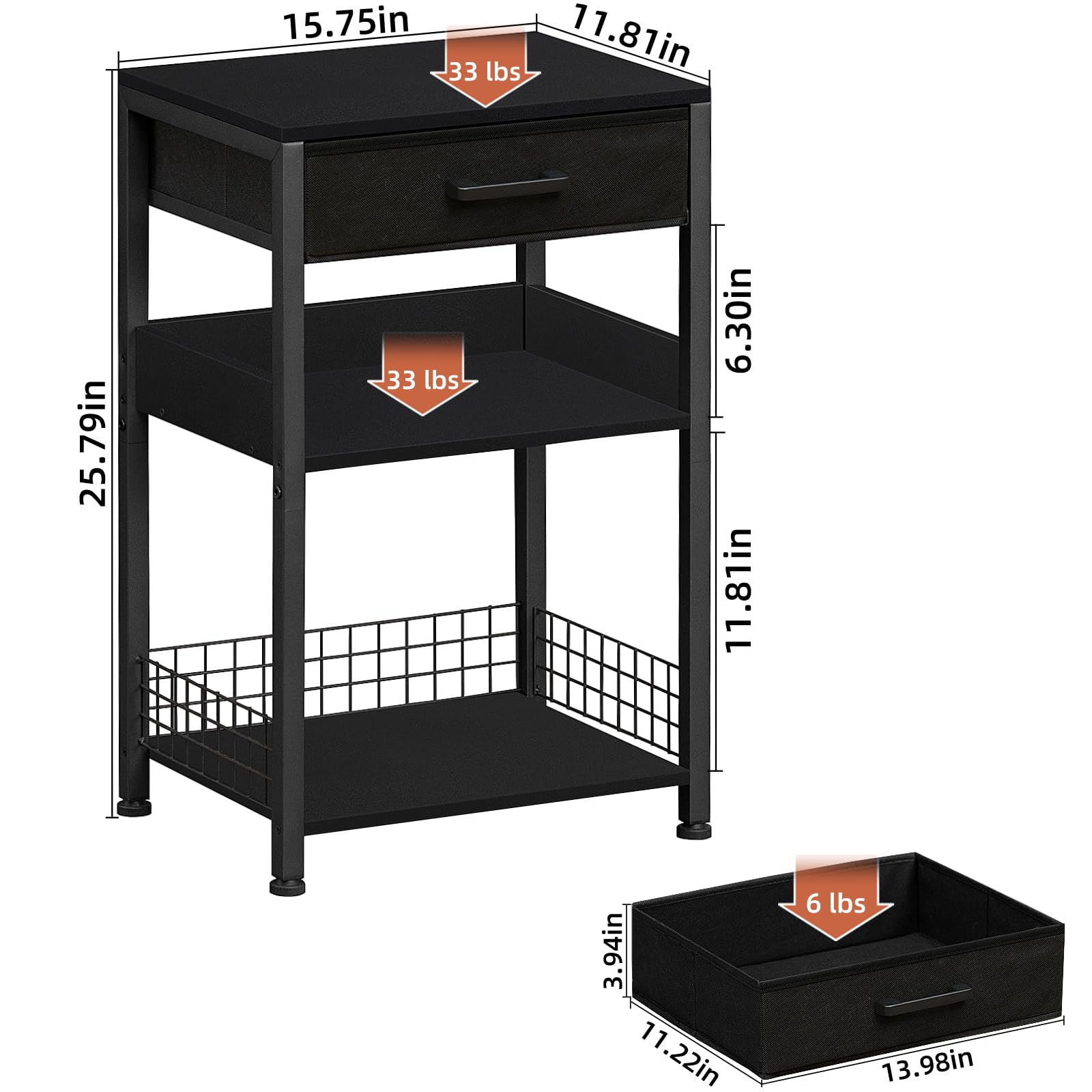 Lerliuo 3-Tier Industrial Printer Stand with Fabric Drawer - Pure Black Wooden Printer Table with Storage Shelf, Modern Tall End Table & Nightstand for Home Office - Perfect for Scanner, Fax Machine & Small Spaces Organization