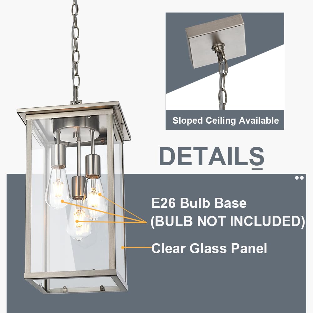 3-Lights Outdoor Pendant Light - Modern Brushed Nickel Chandelier with Clear Glass Shades - Adjustable Ceiling Mount Porch Lighting for Entryway, Patio, Deck & Garden - Weather-Resistant Exterior Hanging Light Fixture