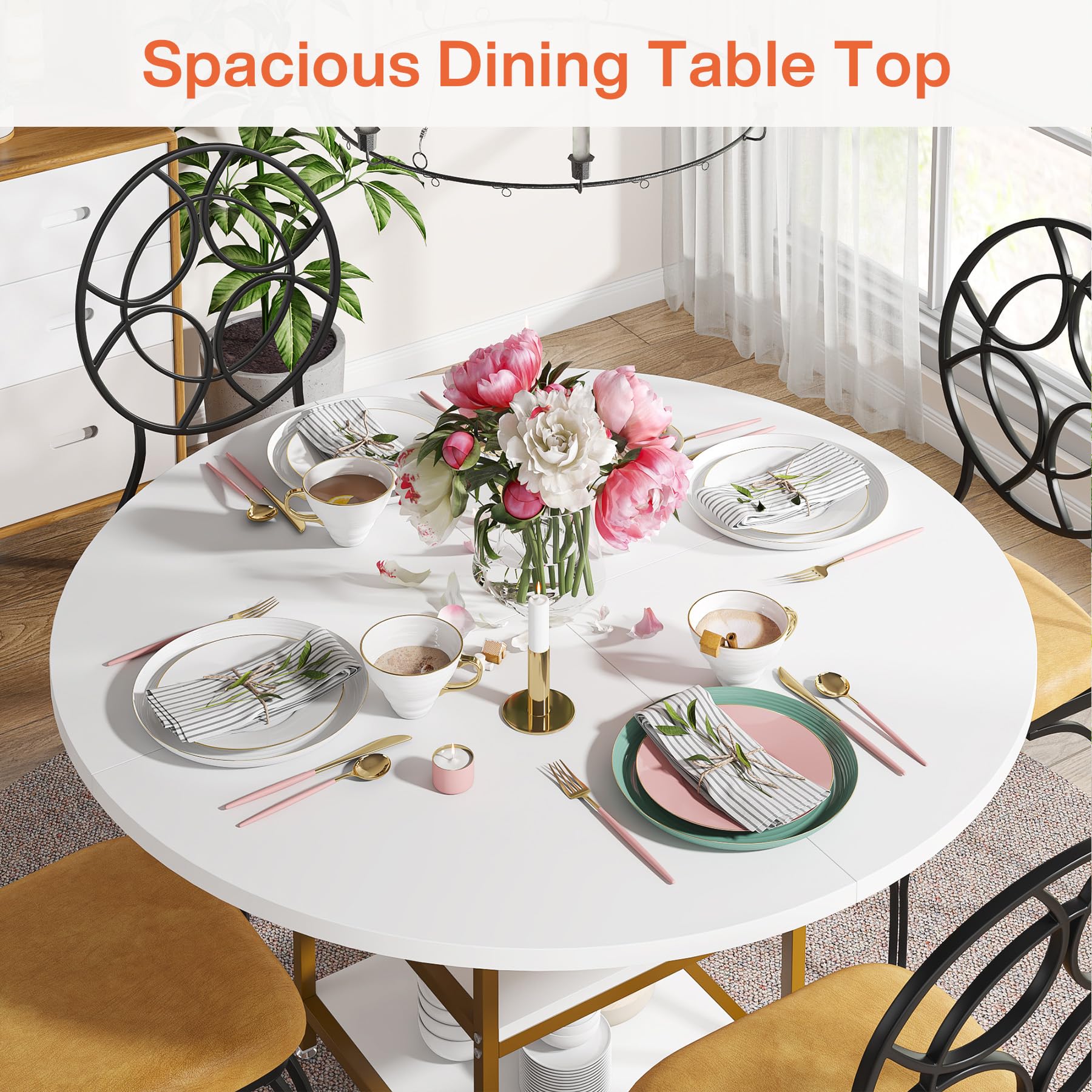 Tribesigns 47 Inch Round Dining Table with Storage Shelves - White Gold Kitchen Table for 4 People, Perfect for Dining Room, Kitchen & Small Space Living Room | Modern & Space-Saving Design