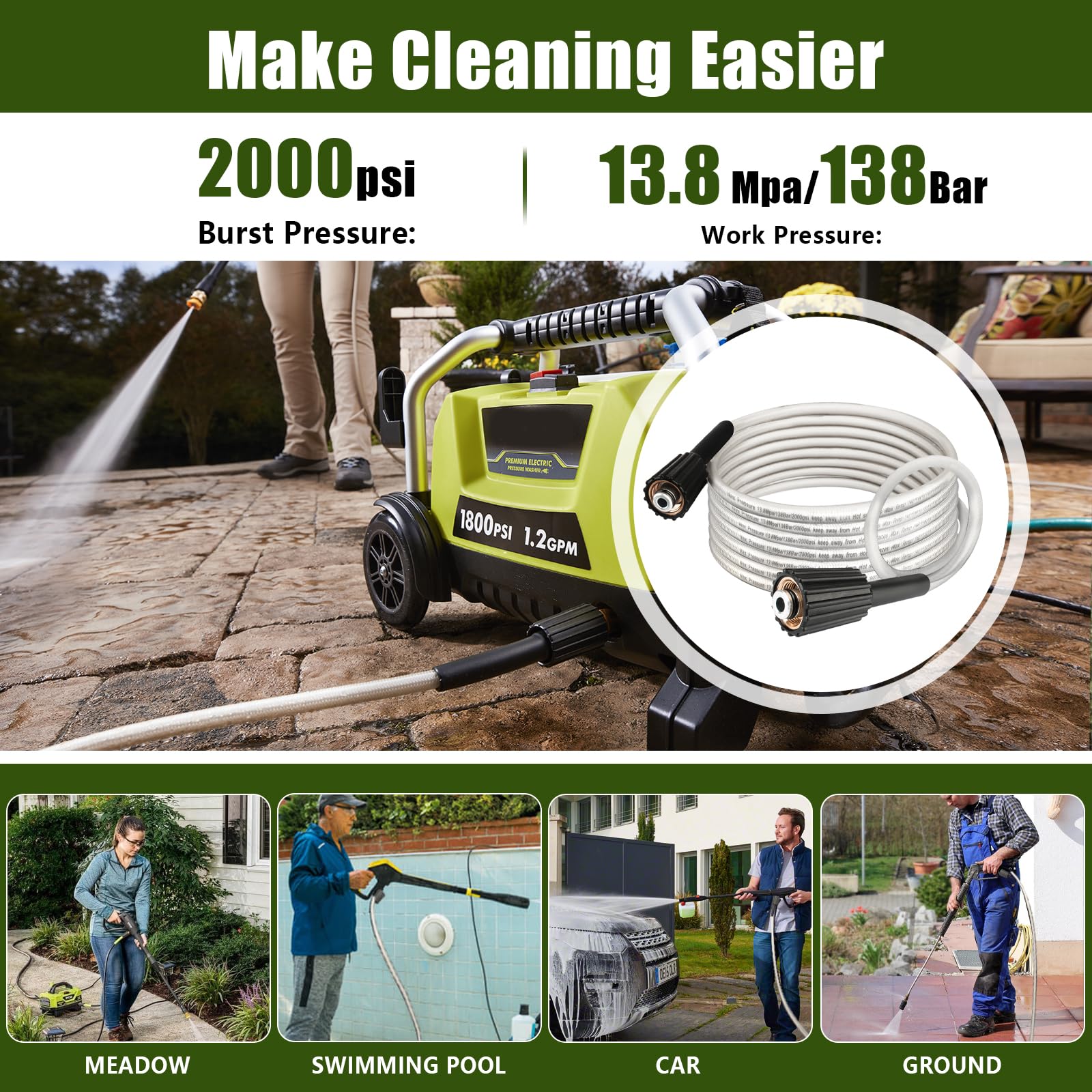 Ryobi Power Washer Replacement Hose - Compatible with RY141600, RY141612, RY141812G Models (Part #308835074) - High Pressure Washer Hose for Home Cleaning, Driveway Washing & Outdoor Surface Maintenance