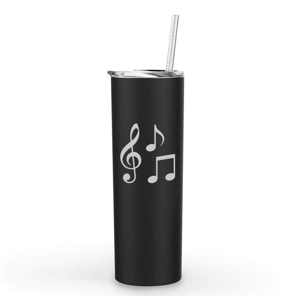20 oz Skinny Tall Stainless Steel Tumbler - Vacuum Insulated Travel Mug with Straw & Music Notes Design - Keeps Drinks Hot/Cold for Hours - Perfect for Coffee, Tea, or Smoothies On The Go (Black)