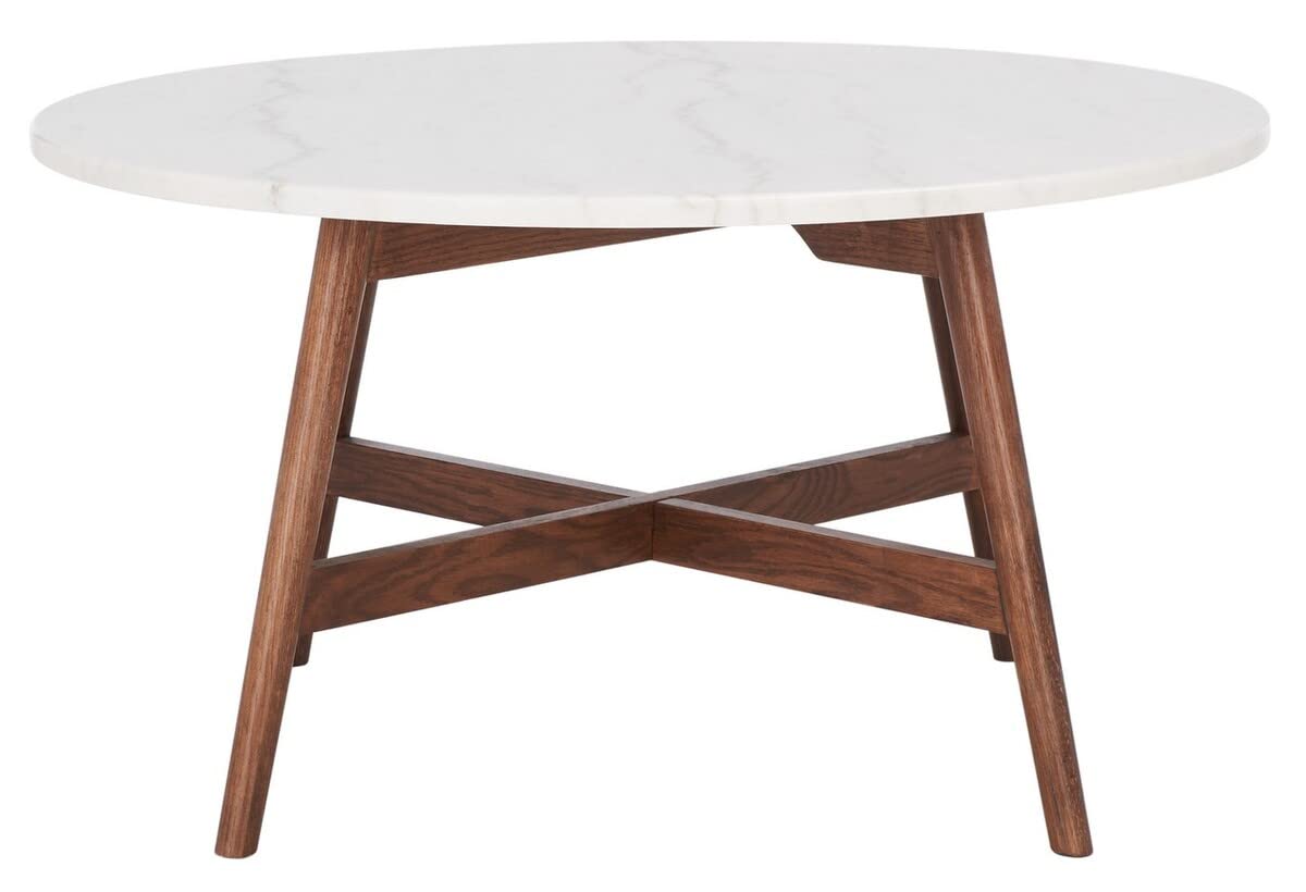 SAFAVIEH Home Collection Maja Round Coffee Table - Marble & Walnut Brown Finish - Perfect for Living Room, Lounge & Modern Home Decor
