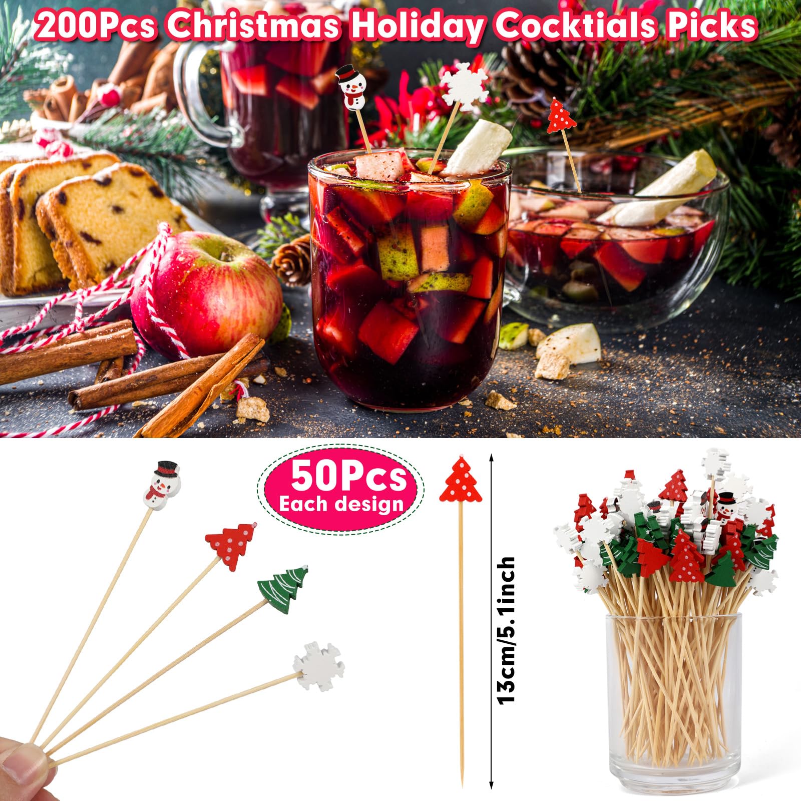200 Christmas Cocktail Picks - 13cm Bamboo Toothpicks with Tree, Snowflake & Snowman Designs for Drinks, Appetizers, Fruit & Party Food Decoration | Perfect for Holiday Gatherings, Christmas Parties & Festive Entertaining