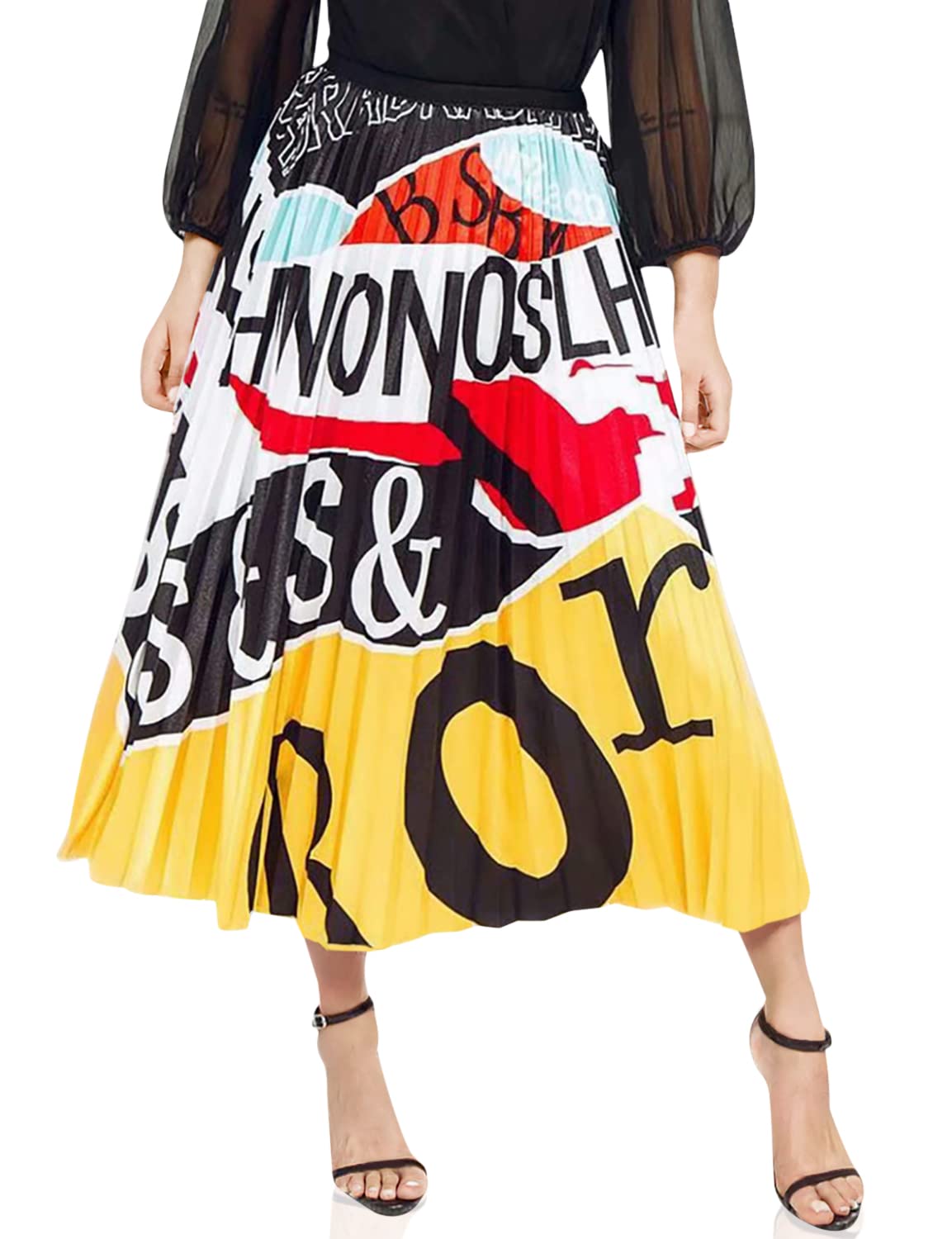 ThusFar Women's Graffiti Print Pleated Skirt - Cartoon Pattern Elastic Waist A-Line Swing Midi Skirt for Casual Wear, Street Style & Summer Outfits