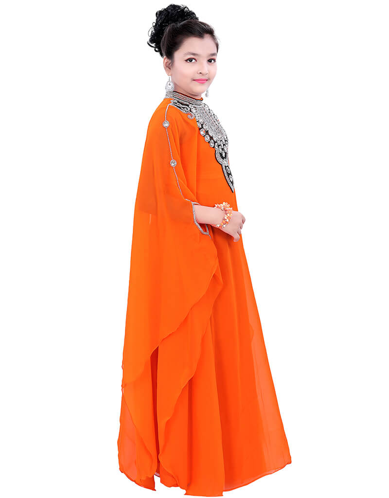 Arabic Orange Georgette Farasha Dress with Hand Zari Embroidery - Elegant Party Wear for Weddings & Special Occasions