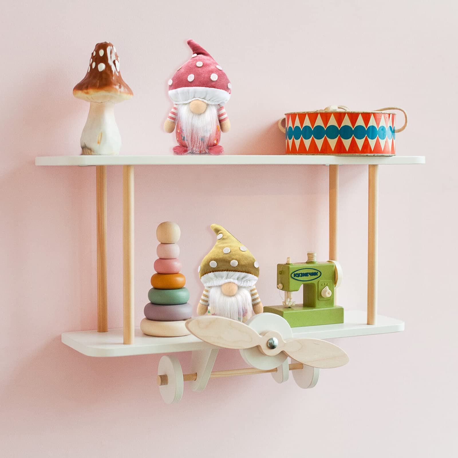 Set of 2 Spring Gnome Plush Mushroom Easter Decorations - Handmade Elf Dwarf Figurines for Home, Kitchen, Farmhouse, Tiered Tray - Scandinavian Tomte Gift (Brown & Pink) - Perfect for Easter Party, Holiday Festival & Spring Home Decor