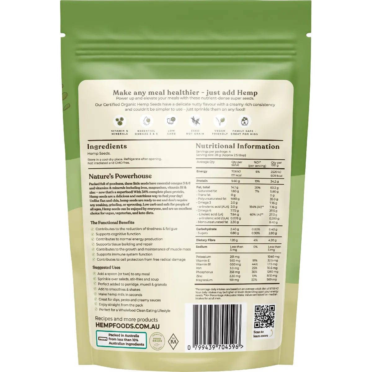 Organic Hulled Hemp Seeds by Hemp Foods Australia - 114g | Premium Superfood for Smoothies, Salads & Baking | Vegan, Gluten-Free Protein Source
