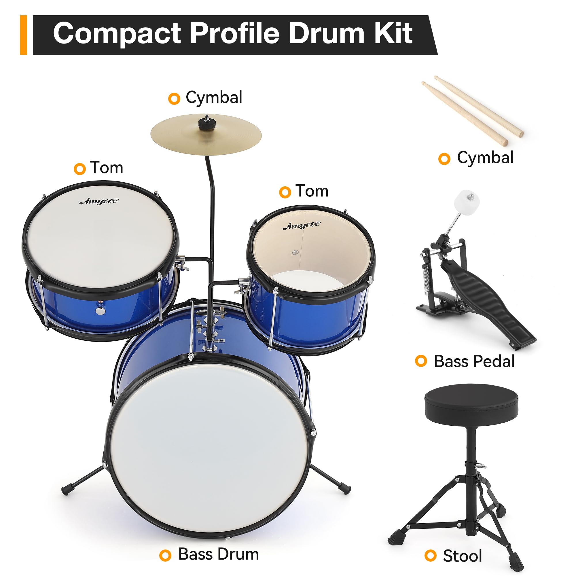 **3-Piece Kids Drum Set for Beginners - Blue Junior Drum Kit with Cymbal, Tom, Bass Drum, Drumsticks & Pedal - Includes Adjustable Drum Stool - Perfect for Boys & Girls Learning Music at Home or School**