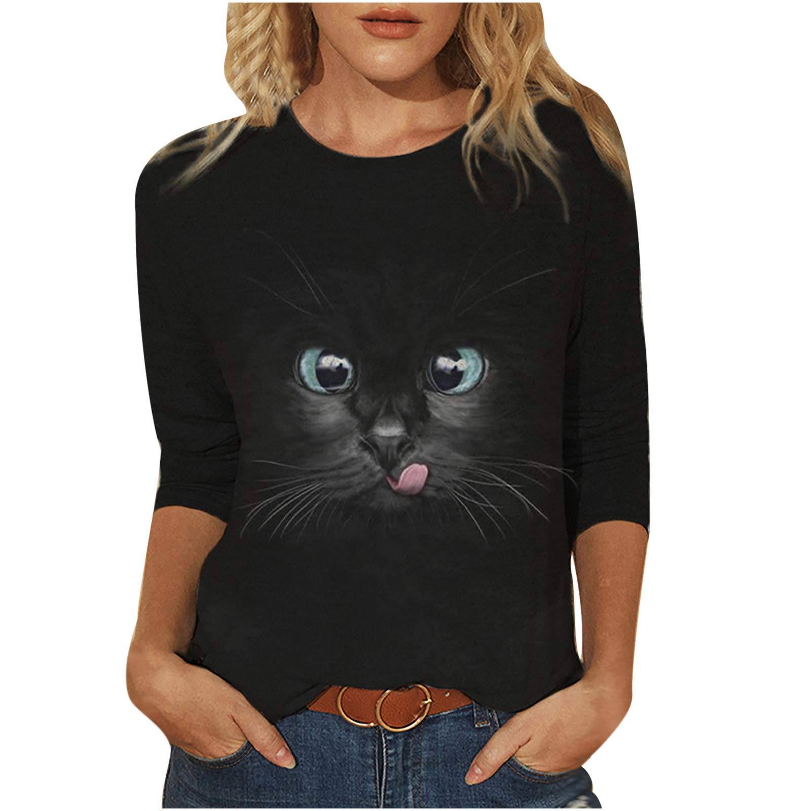 Women's Long Sleeve Blouse - Summer & Fall Cat Print Loose Fit O-Neck Top | Casual Wear, Office Outfits & Date Night Fashion