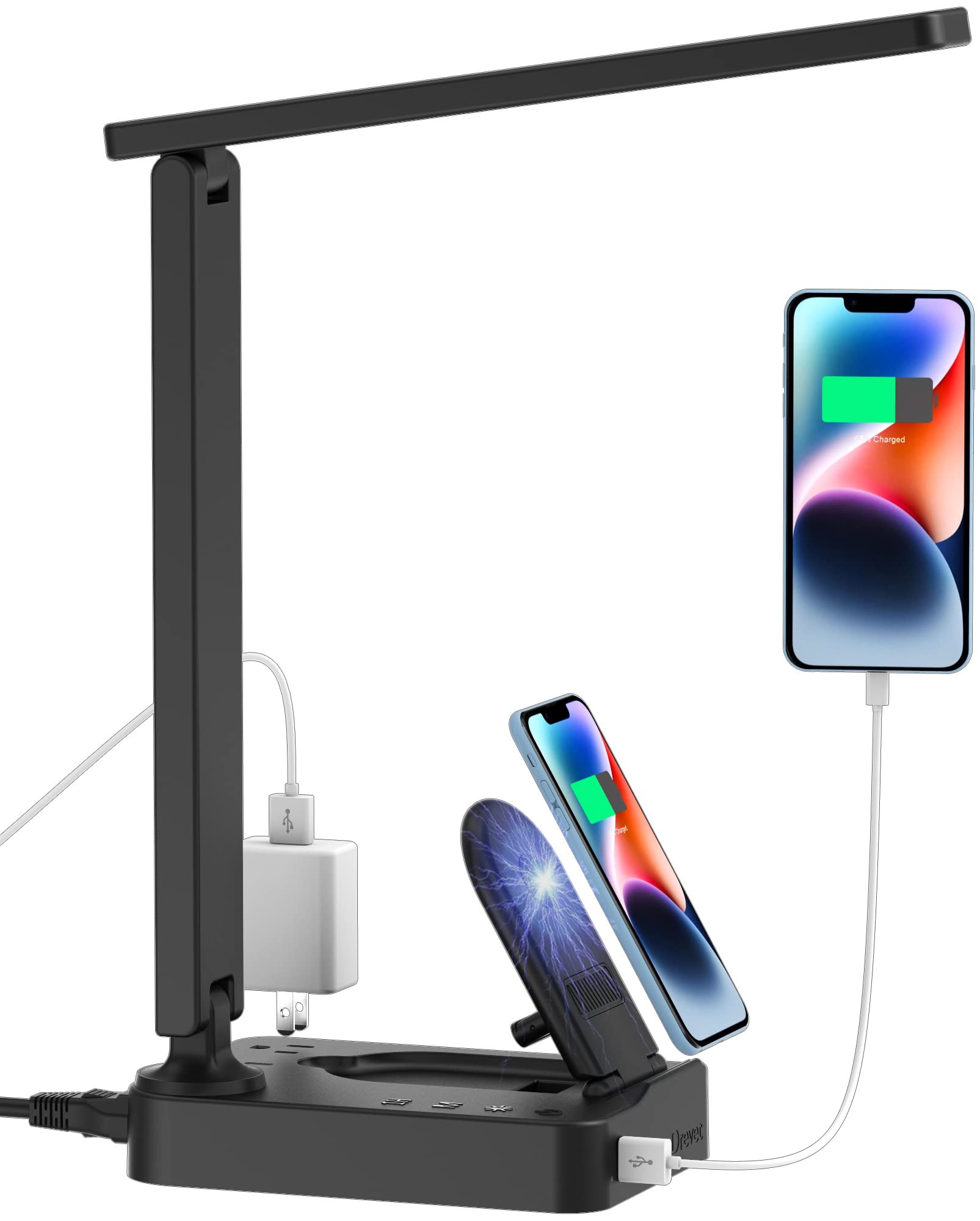 Drevet LED Desk Lamp with Wireless Charger & USB Port - 3 Lighting Modes, Adjustable Brightness, Touch Control - Foldable Eye-Caring Light for Home Office, Study, Reading & Nightstand Use
