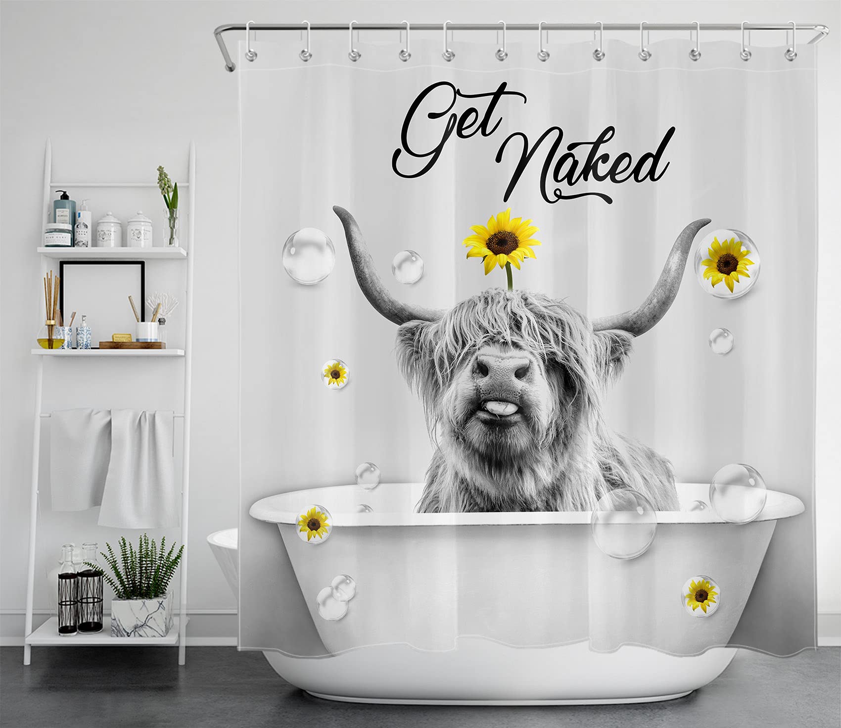 Funny Highland Cow with Sunflowers Shower Curtain - Waterproof Bathroom Decor 72x78 Inch with 12 Hooks - Farm Animal Theme for Kids & Adults Bathroom, Perfect for Farmhouse, Rustic or Whimsical Home Decor