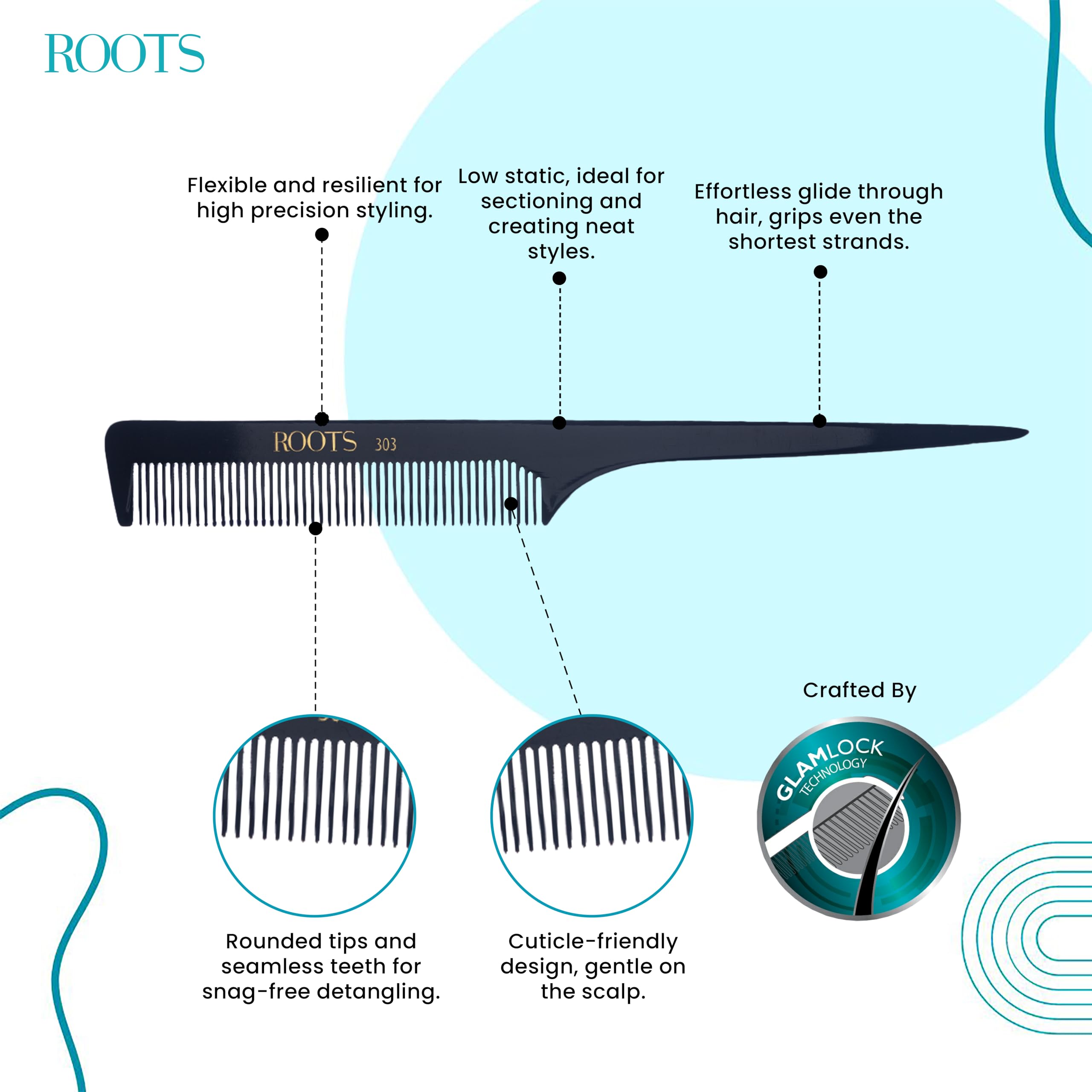 Roots Professional Black Tail Comb - Fine Teeth Rat Tail Comb for Styling & Detangling - Lightweight & Comfortable for Men & Women (Model 303) - Perfect for Salon, Home Use & Travel