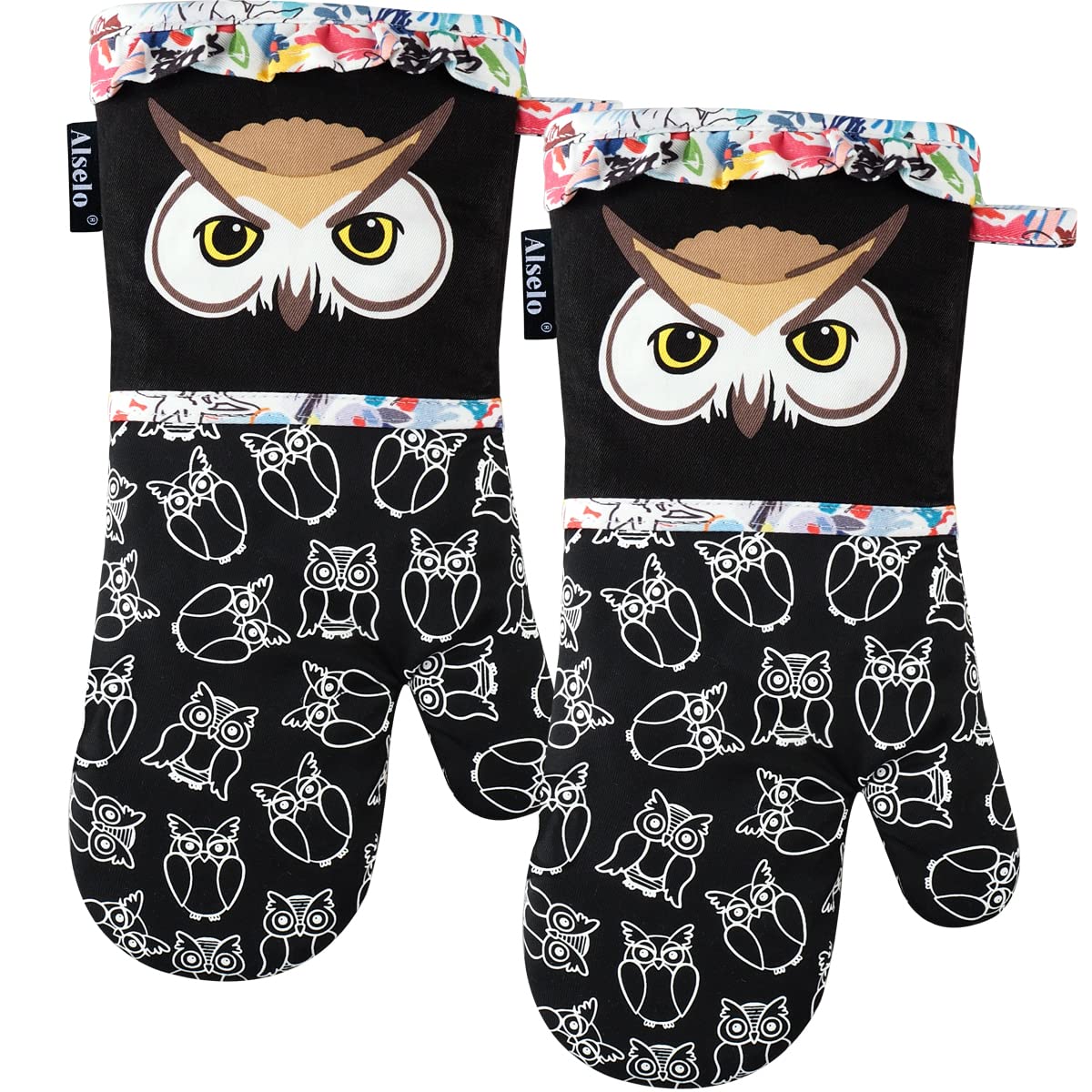 Heat Resistant Oven Mitts Set of 2 - Soft Quilted Cotton Lining & Anti-Slip Silicone Grip - Fashion Animal Print Kitchen Gloves for Baking, Grilling, and Safe Cooking (Black)
