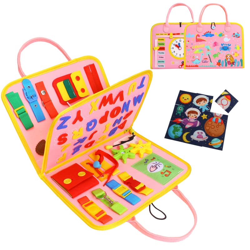 Montessori Busy Board for Toddlers 1-4 Years - Sensory Travel Toy for Preschool & Autistic Kids to Learn Basic Dress Skills - Educational Gift for Boys & Girls Birthday (Pink) - Perfect for Airplane, Car Rides & Home Learning Activities