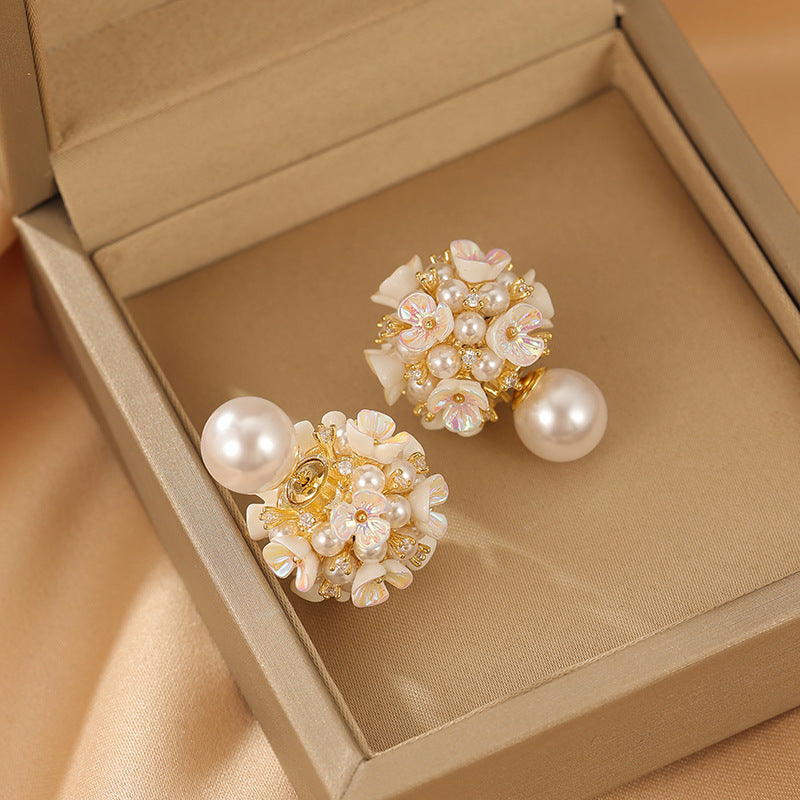 Elegant Pearl Flower Front Back Ear Jacket Earrings for Women | Dainty Pearl Stud Ear Cuff Jewelry | Perfect for Weddings, Parties & Everyday Wear (HE6351)
