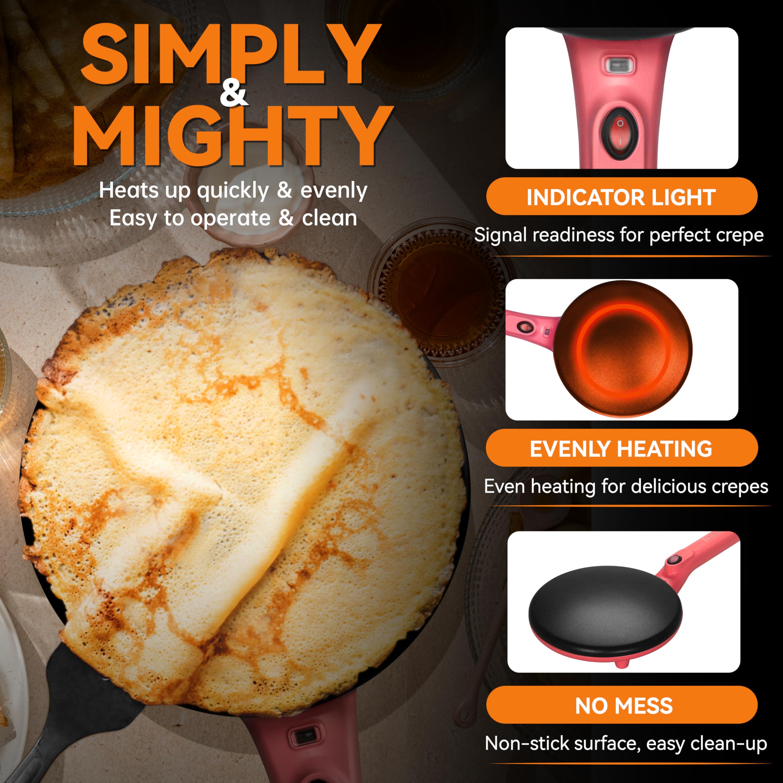 Electric Crepe Maker Machine - 8 Inch Non-Stick Cooking Surface with Handle, Raspberry Red | Perfect for Breakfast, Desserts & French Cuisine | Baker's Friend Instant Crepe Maker for Home & Commercial Use
