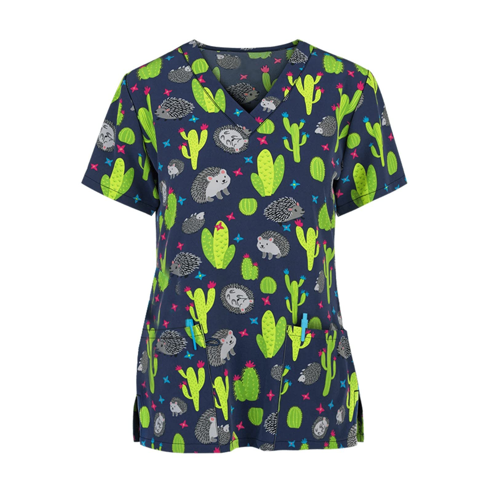 Women's Floral Print V-Neck Short Sleeve Scrub Tops - Comfortable Nursing Uniform Shirts for Healthcare Professionals | Perfect for Hospitals, Clinics & Medical Work