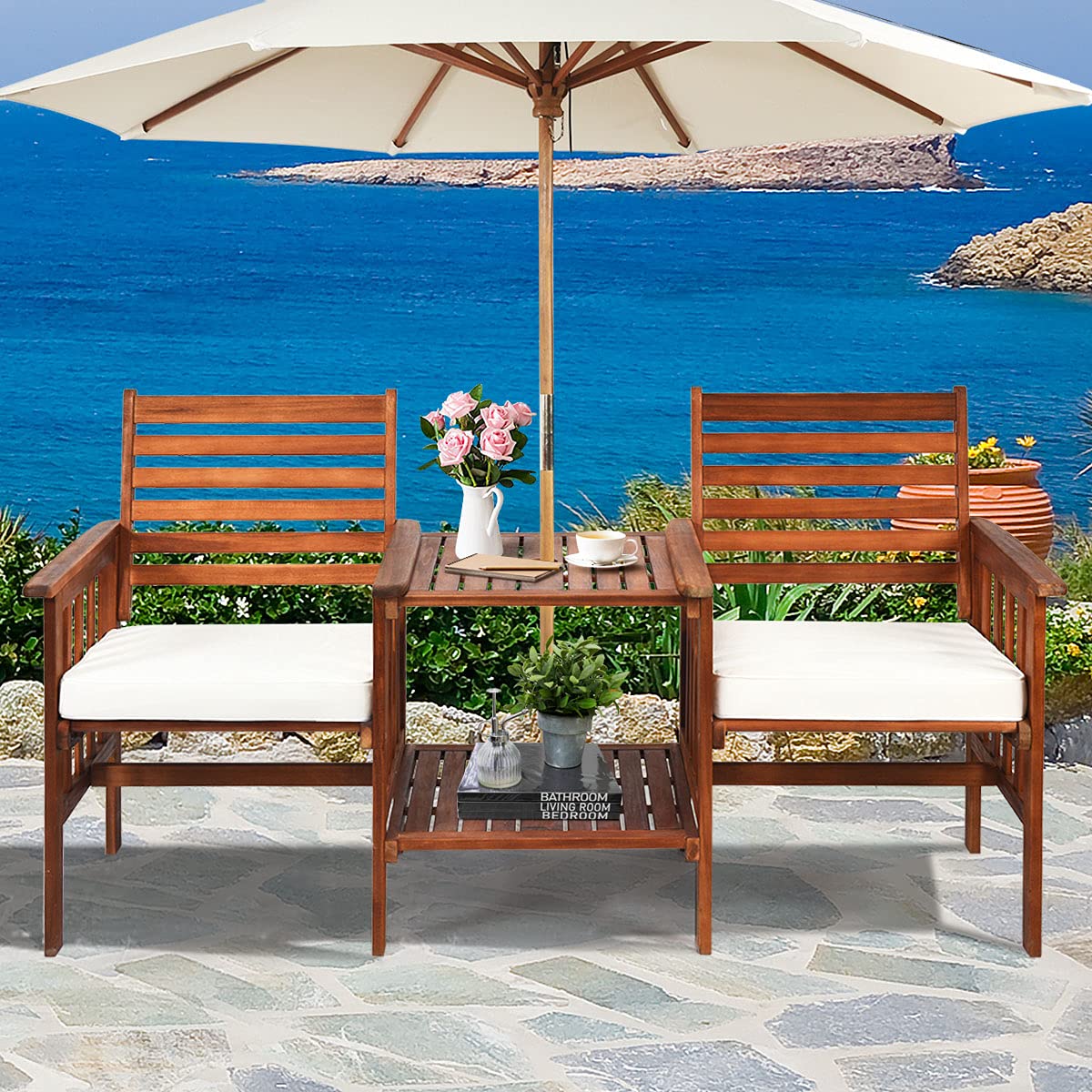 Acacia Wood Loveseat with Table - Patio Bistro Set with Cushions, 2.1-inch Umbrella Hole - Outdoor Garden & Balcony Furniture for Relaxing & Entertaining
