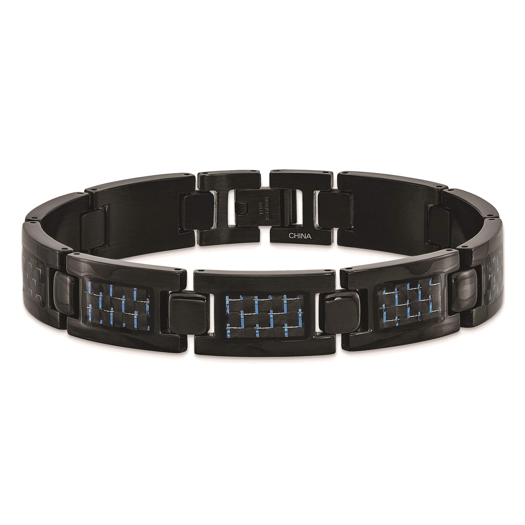 Bonyak Stainless Steel Bracelet for Men - Black IP-Plated with Blue Carbon Fiber Inlay, Polished Unisex Jewelry | Perfect Gift for Birthday, Anniversary & Formal Occasions