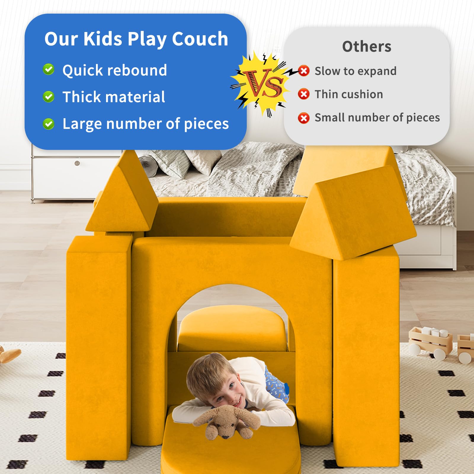Wanan Modular Kids Play Couch - 13PCS Soft Foam Sectional Sofa for 4 Children, Playroom Furniture for Boys & Girls, Yellow Small (90103) - Perfect for Playrooms, Daycare Centers & Indoor Play Areas
