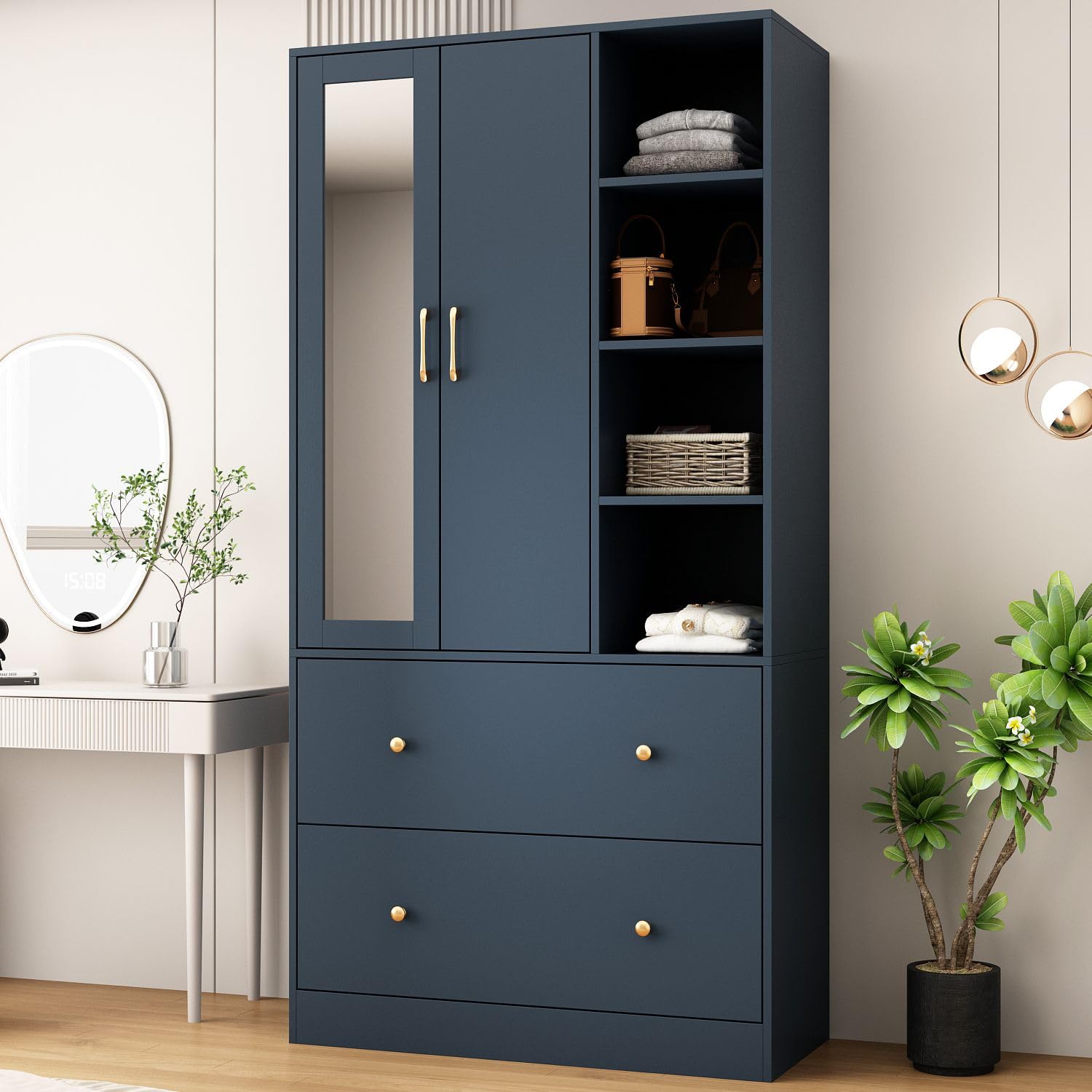 MOUMON Modern Armoire Wardrobe with Mirror, Sliding Hanging Rod, Drawers & Open Shelves - Navy Blue Storage Closet Organizer (35.5