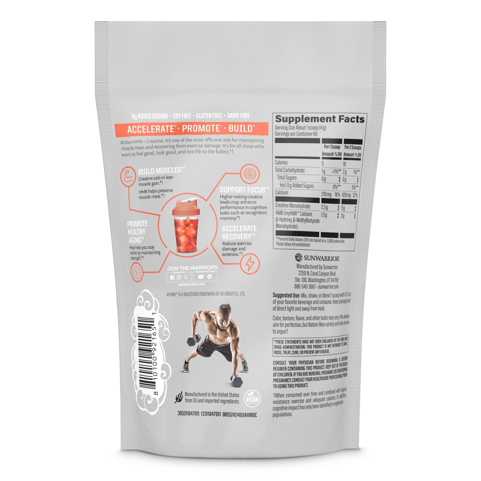 Sunwarrior Sport Active HMB + Creatine Supplement - Muscle Recovery & Strength Support for Athletes | Pre & Post Workout Performance Enhancer