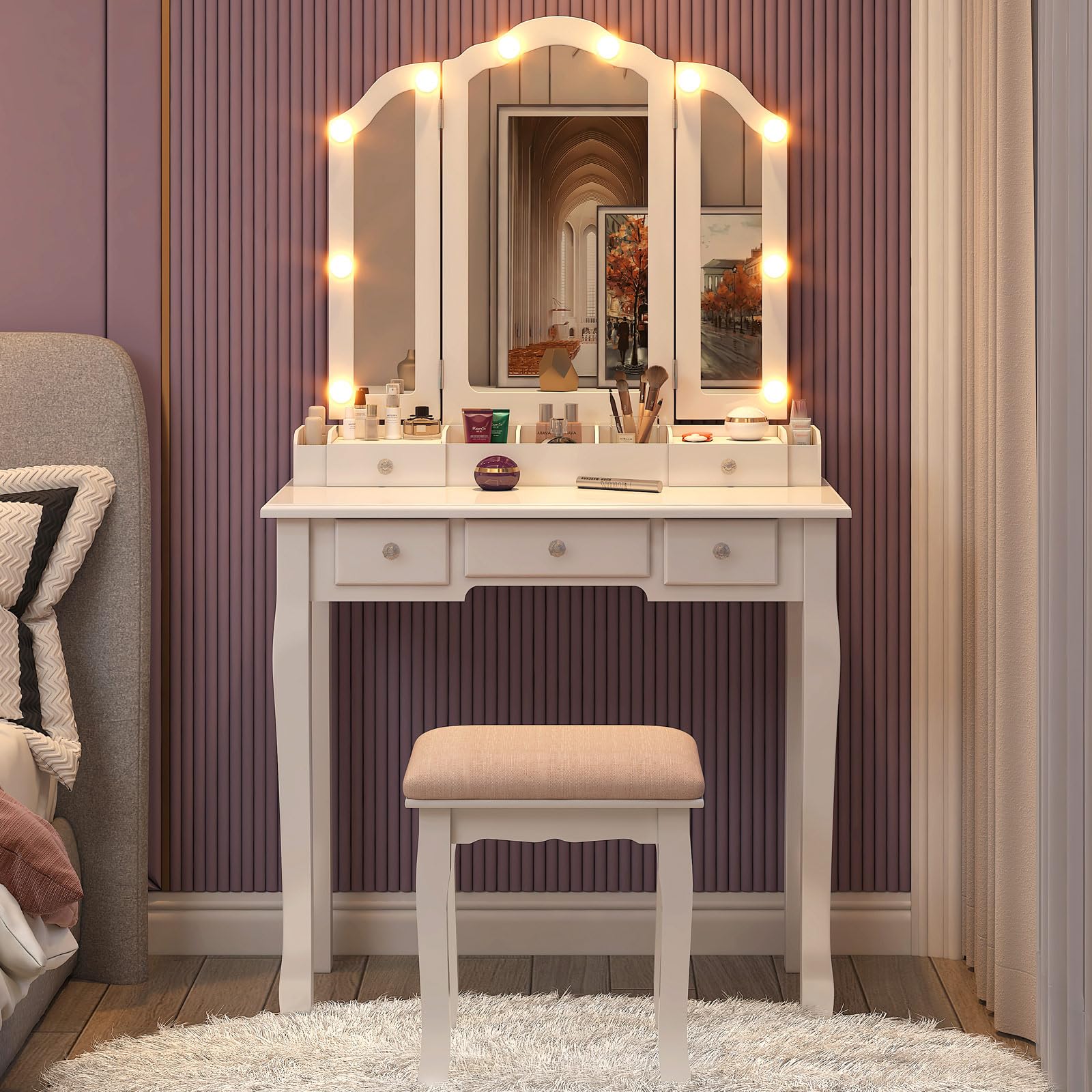 White Makeup Vanity Set with LED Lights & Mirror - Elegant Vanity Desk & Chair for Teens & Adults - Perfect for Bedroom, Dressing Room & Beauty Salon