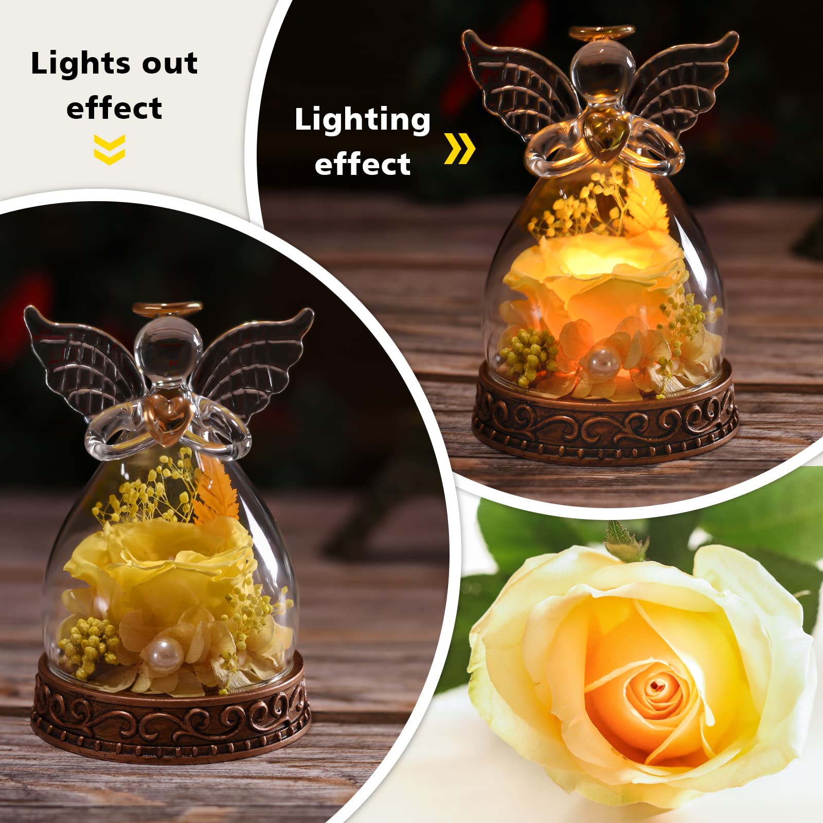 Preserved Real Rose in Glass Angel Figurine with LED Light - Eternal Flower Gift for Women, Mom, Grandma | Perfect for Mother's Day, Christmas, Birthday, Anniversary & Home Decor (Yellow)