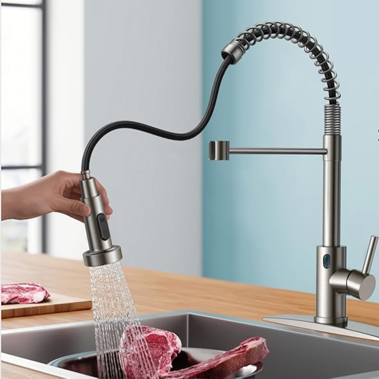 Smart Motion Sensor Touchless Kitchen Faucet with 3-Mode Pull Down Sprayer - Brushed Nickel, Ceramic Valve, 1 or 3 Hole Installation (17.79