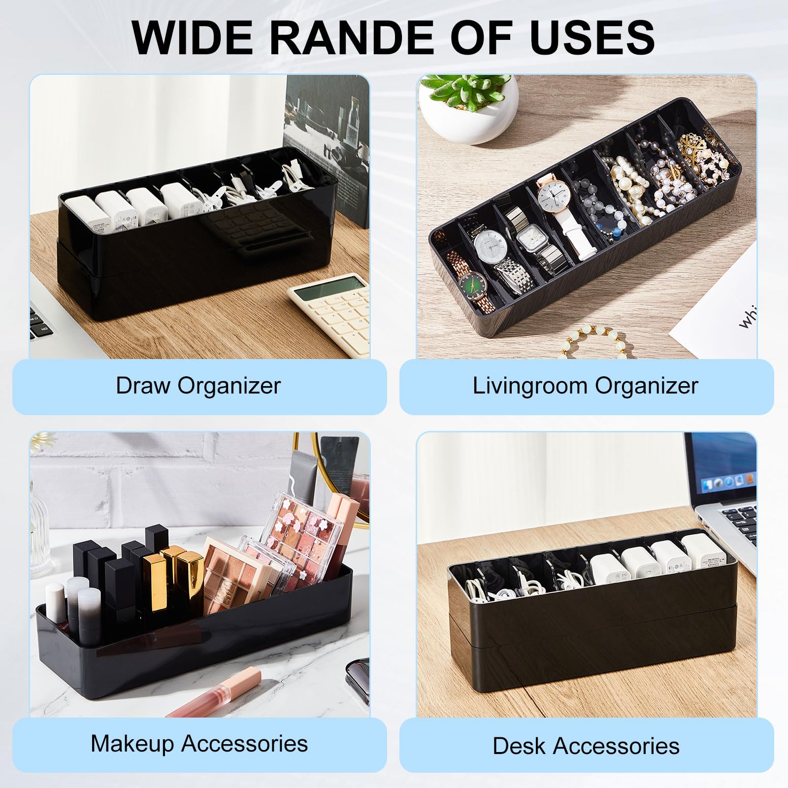 Tatuo 2-Pack Cable Organizer Set with 20 Wire Ties - Black Plastic Cord Storage Box with Lid for Home & Office Desk Organization - Perfect for Managing Computer Wires, Chargers & Electronic Cables