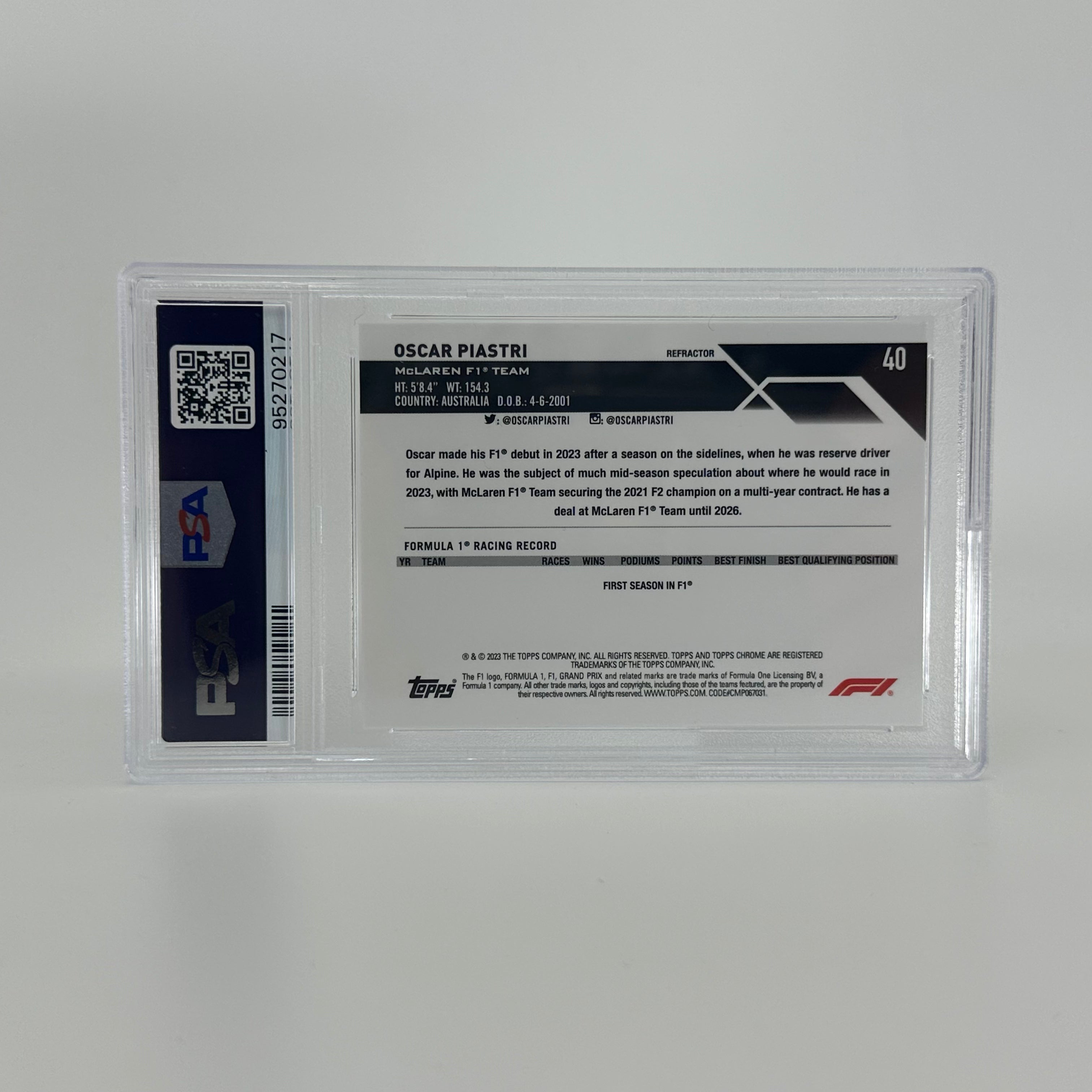 2023 Topps Chrome Oscar Piastri #40 Rookie Refractor Card PSA 9 - Collectible Trading Card for Sports Memorabilia & Investment - Perfect for Card Collectors, F1 Fans, and Gift Giving