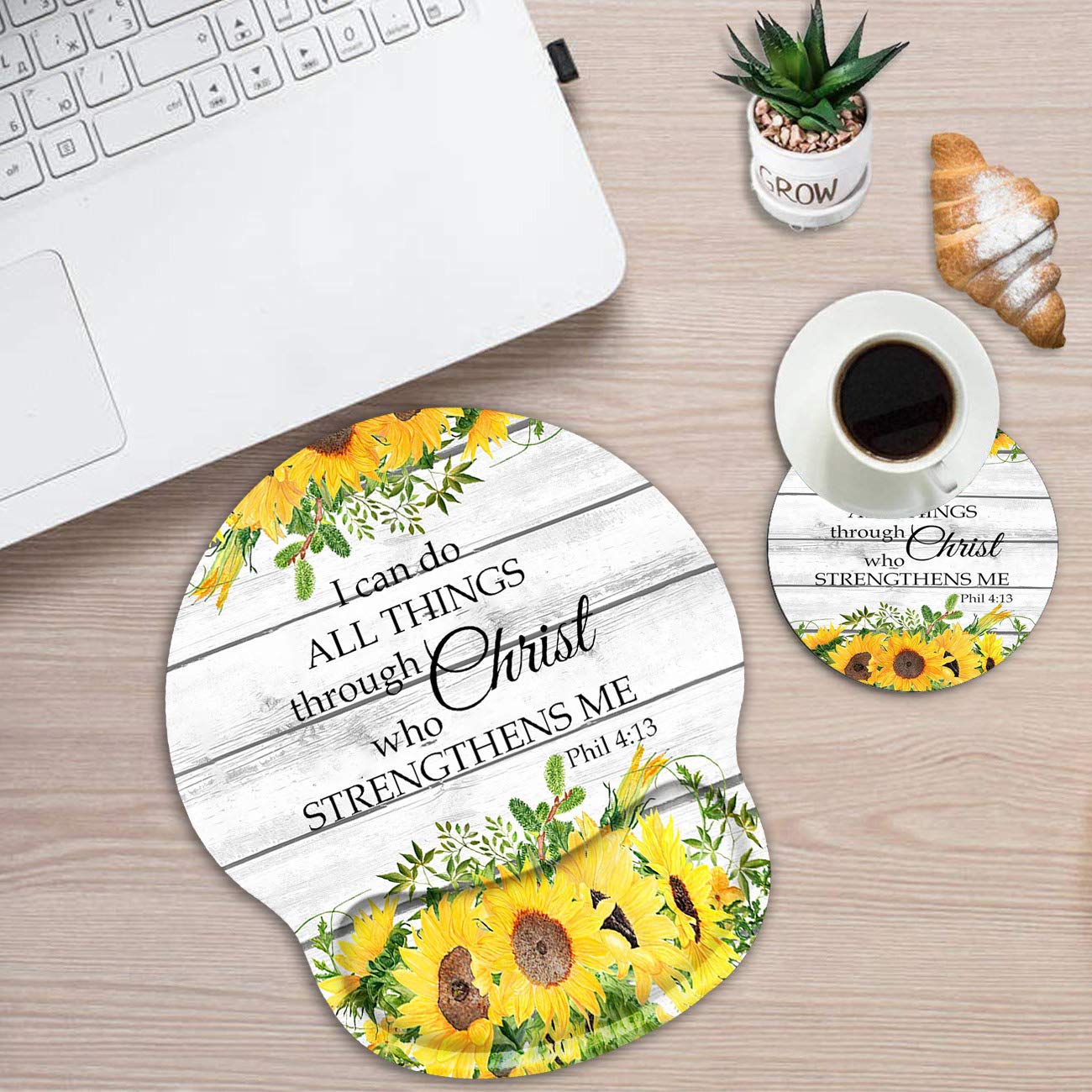 Ergonomic Mouse Pad with Gel Wrist Support - Non-Slip PU Base for Computer & Office Use - Gaming Mousepad with Pain Relief - Bible Verse Philippians 4-13 & Sunflower Design - Includes Cup Coaster - Perfect for Home Office, Gaming Setup & Workstation Comfort