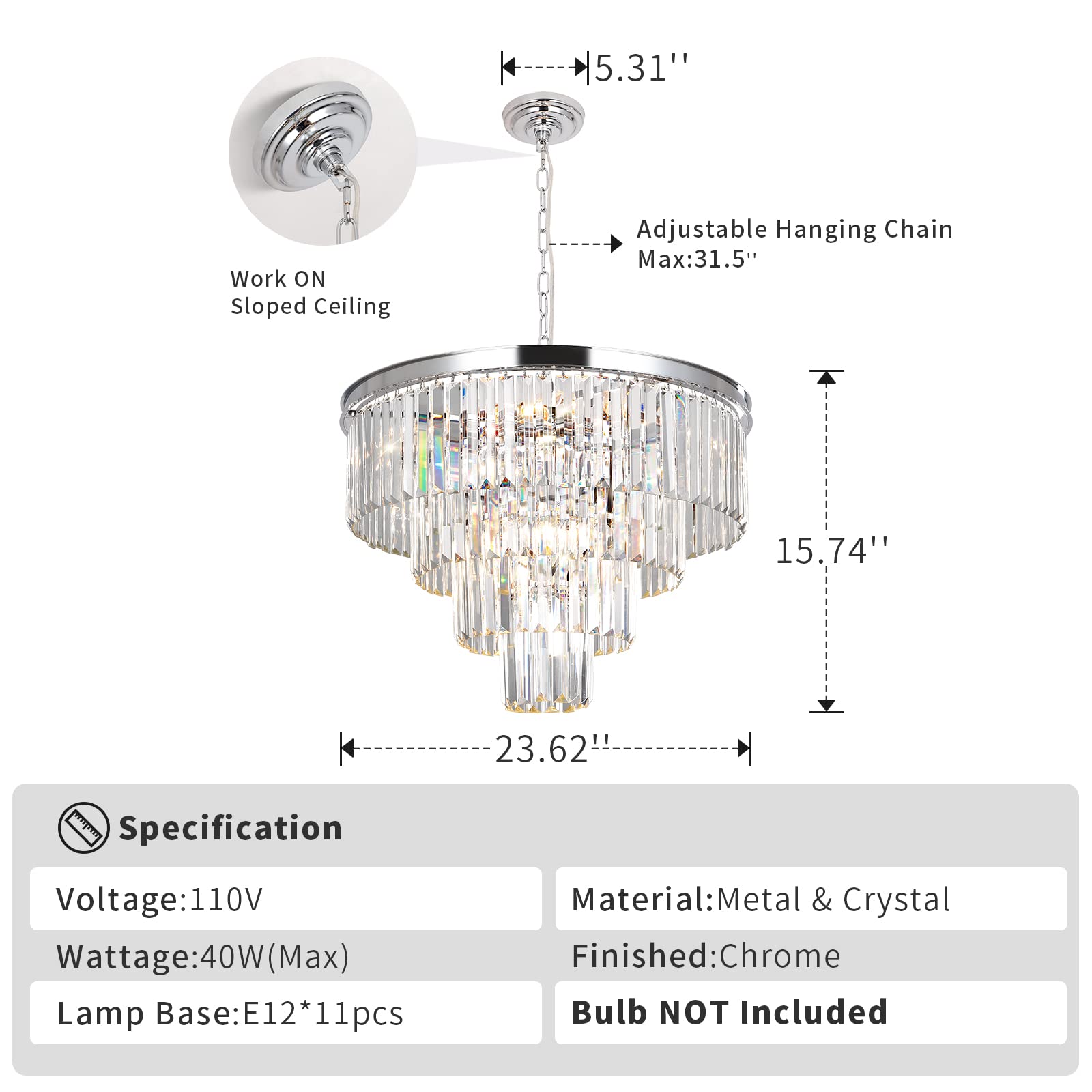 MarkDee Modern 11-Light Crystal Chandelier - 4-Tier Chrome Pendant Lighting Fixture for Dining Room & Living Room (23.62 Inch) | Elegant Ceiling Light for Home Decor, Wedding Venues & Luxury Interiors
