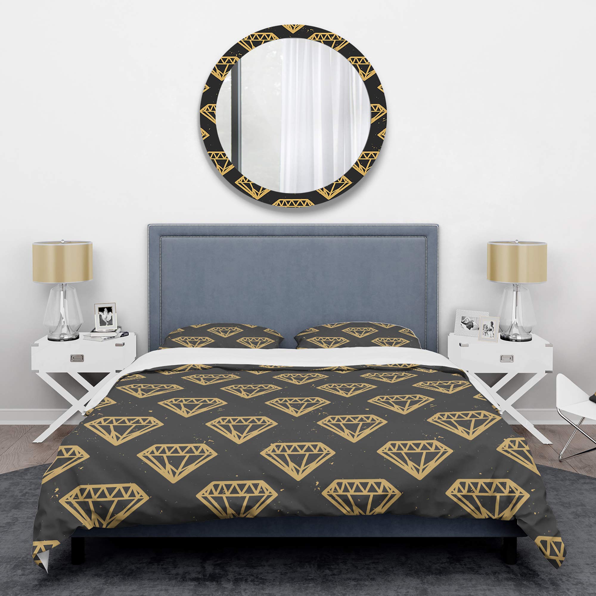 Vintage Golden Diamonds Mid-Century Modern Duvet Cover Set - Queen Size 3-Piece Bedding Set with Luxury Gold Design for All Seasons | Perfect for Boho Chic, Retro & Modern Bedroom Decor