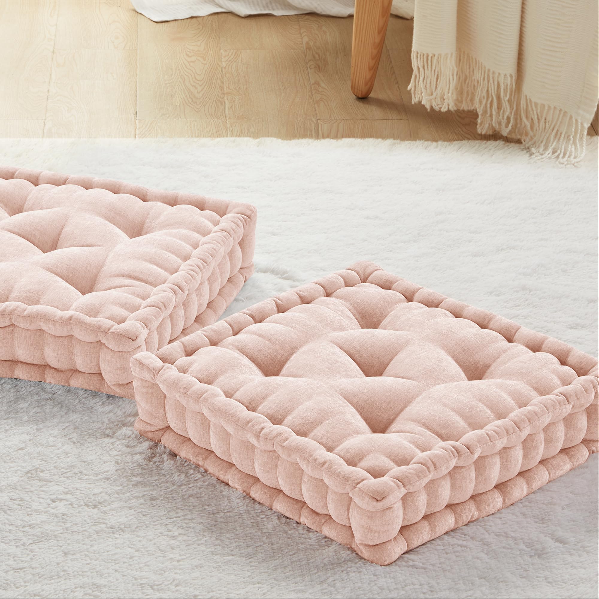 Codi INNA 20x20 Inch Square Tufted Chenille Floor Cushions for Adults - 2 Pack Pink Blush Meditation Pillows for Yoga, Living Room, Fireplace & Reading Nook - Soft Seating for Relaxation & Comfort