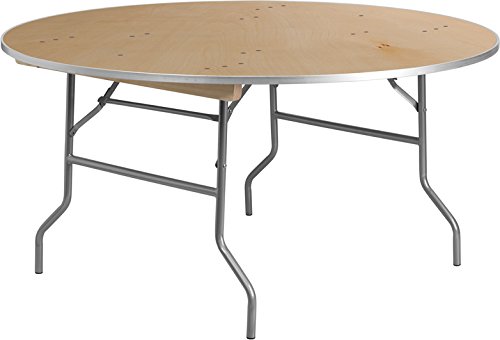 Heavy Duty 60 Inch Round Folding Banquet Table - Solid Birchwood with Reinforced Metal Edges (60