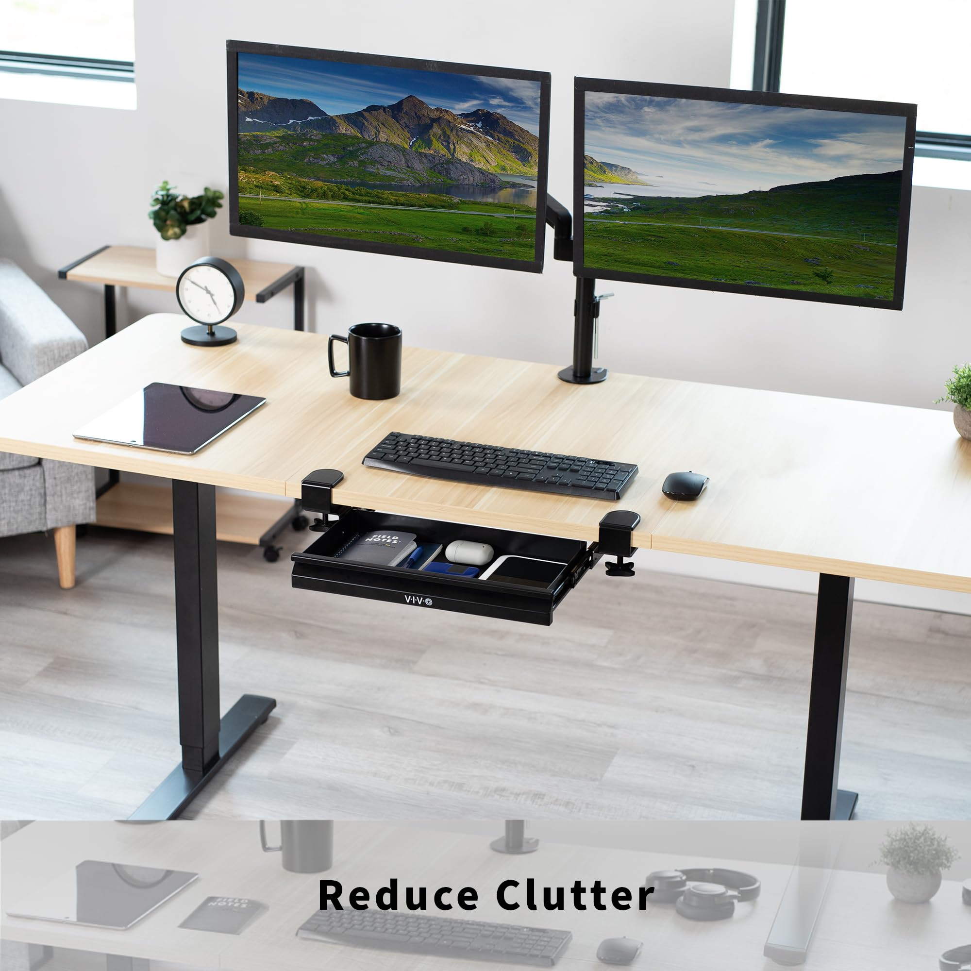VIVO 16 Inch Under Desk Drawer Organizer - Black Clamp-On Sliding Storage Tray for Office & Standing Desks | Perfect for Storing Pens, Notebooks & Office Supplies Under Sit Stand Workstations