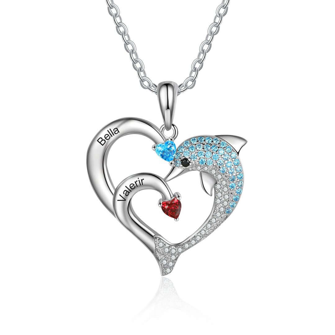 Personalized Dolphin Heart Birthstone Necklace - Custom Name & Birthstone Jewelry for Women | H0001 | Perfect Gift for Birthday, Anniversary & Mother's Day