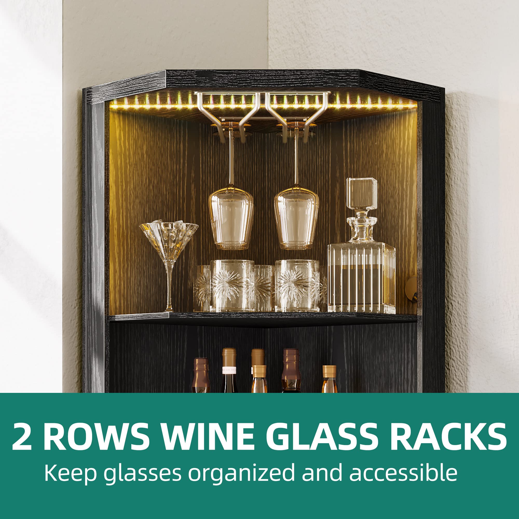 YITAHOME 5-Tier Corner Bar Cabinet with LED Lights & Glass Holder - Wine Rack Storage Shelf for Living Room, Dining Room, Kitchen - Black - Perfect for Home Bars, Entertaining Guests & Displaying Liquor Collections