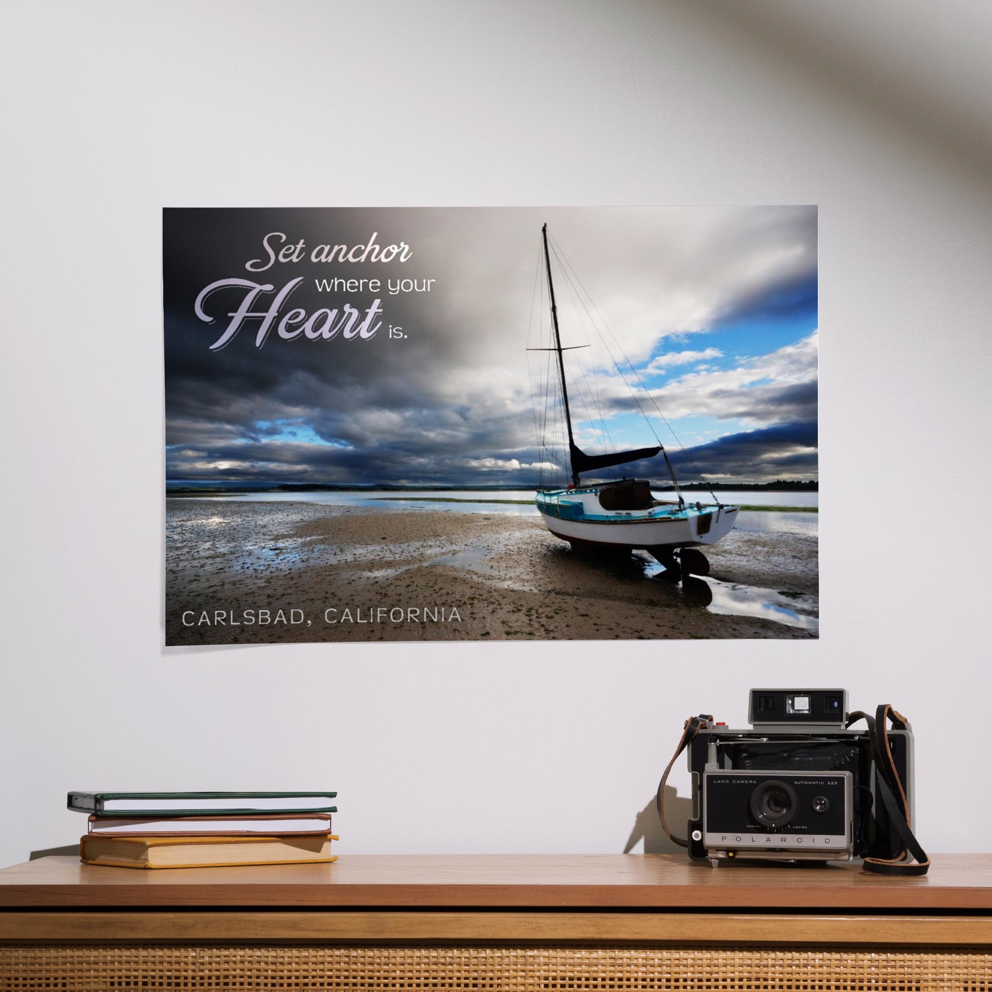 Lantern Press 16x24 Inch Giclee Art Print - Carlsbad California Coastal Wall Decor - 'Set Anchor Where Your Heart Is' Beached Sailboat Painting - Perfect for Beach House, Living Room & Office Decor