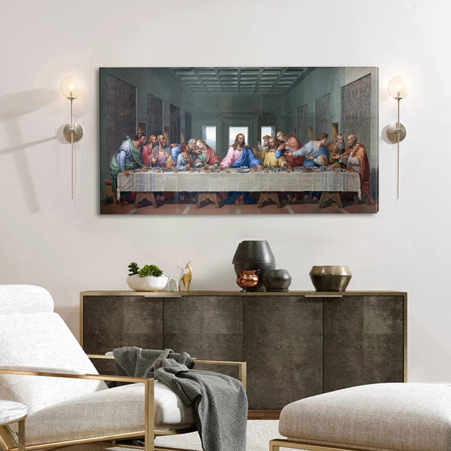 Jesus Christ Canvas Wall Art - The Last Supper by Leonardo Da Vinci, Famous Religious Painting Reproduction, Large Stretched Canvas for Dining Room, Kitchen & Living Room Decor - Perfect for Home, Church and Office Wall Decor