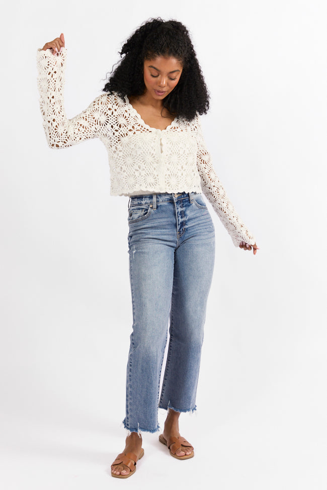 Elegant Ivory Crochet Cardigan for Women - Long Sleeve Lace Knit Sweater | Perfect for Weddings, Date Nights & Fall Layering