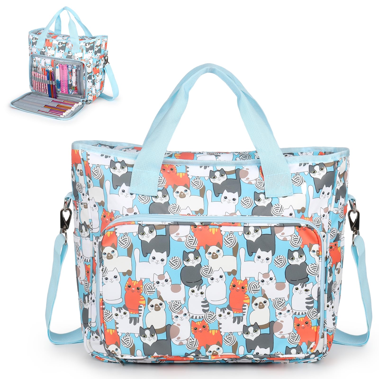 Crochet Bag for Yarn Storage - Large Knitting Tote with Pockets for Needles & Hooks | Travel & Craft Projects - Blue Cat Design