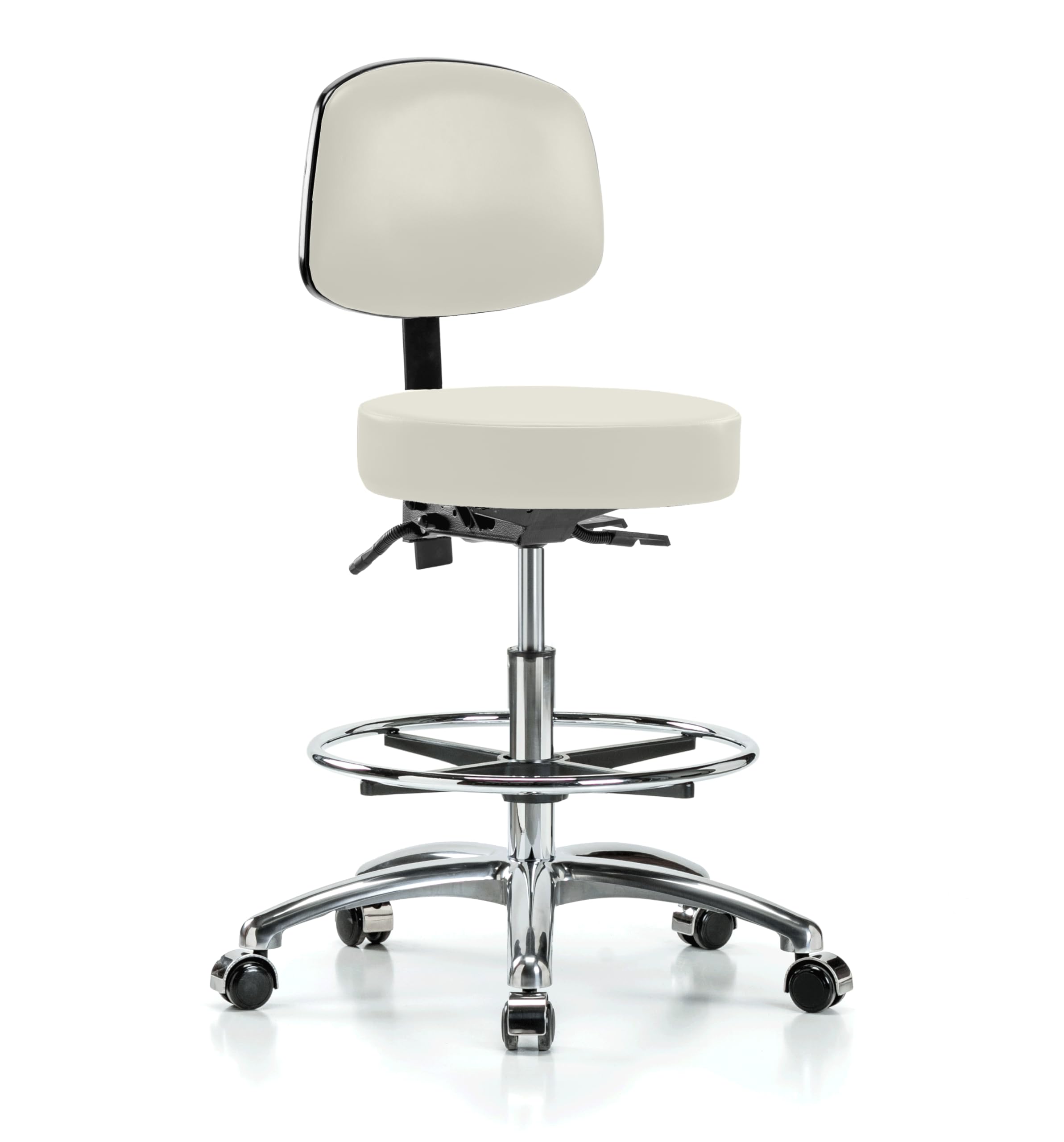 PERCH Chrome Walter Rolling Height Adjustable Exam Stool with Backrest & Foot Ring - 300 lb Capacity for Medical Offices, Labs & Workbenches | Off-White Vinyl Upholstery | Carpet & Linoleum Floor Compatible